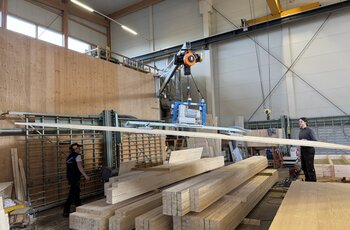 Das Vakuum-Handlingsystem inklusive Wanddrehkran und Elektrokettenzug wird für Plattentransporte rund um die Striebig-Plattensäge eingesetzt.
